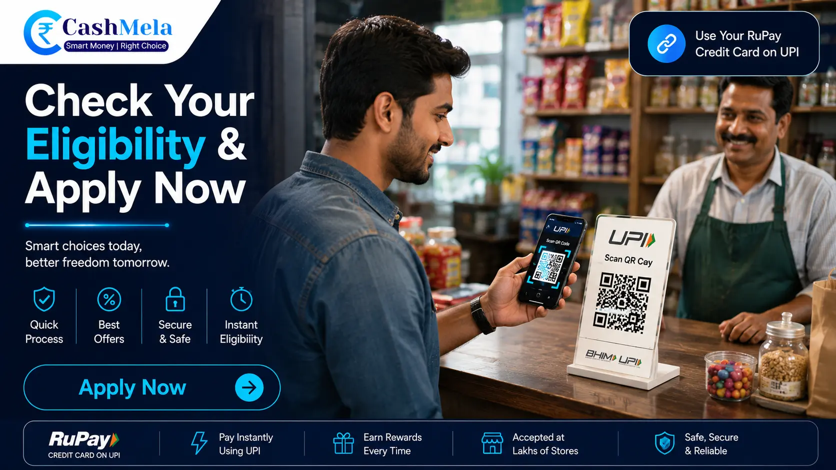 someone confidently scanning a UPI QR code at a local shop RuPay credit card apply now
